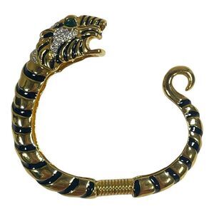 Kenneth Jay Lane KJL Gold Tone Tiger Head Spring Cuff Hinge Bangle Bracelet VTG